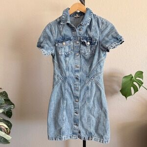 Pilcro Anthropologie Denim Mini Dress Light Wash Button Front Short Sleeve US 4